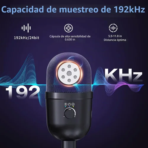 Vista 3 de Micrófono USB para PC – Micrófono para juegos de computadora con iluminación RGB para PS 4 y 5, mezcla de audio dual, silencio, salida