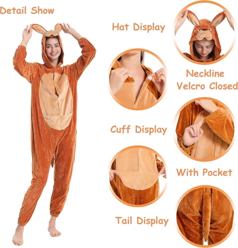 Vista 2 de Funivals Disfraz unisex de animales para adultos, mameluco de felpa con capucha de animales para adultos, overol de Navidad de Halloween