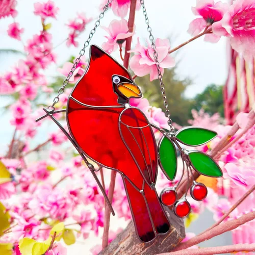 Vista 4 de Adornos de pájaros rojos, atrapasoles de vitral, colgante de vitrales cardenales, decoración cardenal para inauguración de la casa, regalos