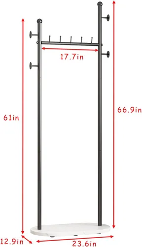 Vista 4 de DR.IRON Percheros de ropa negros con base de mármol, percheros modernos independientes negros con estantes para dormitorio, percheros resistentes