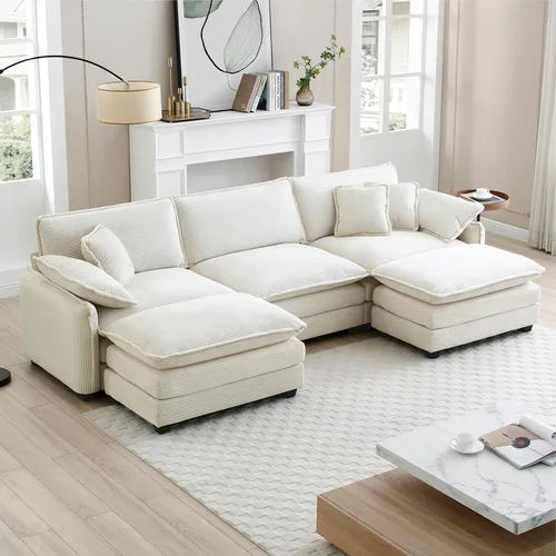 Vista 136 de Sofá Loveseat Grande en Beige y Blanco de 194.8 cm, Sofás Seccionales de 2 Plazas Grandes para Sala de Estar, Sofá Seccional Modular de Tela
