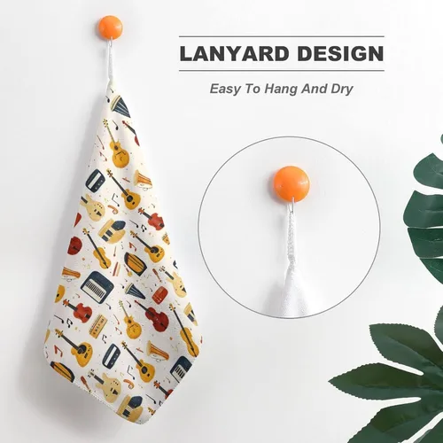Vista 5 de Toallas de mano con estampado de instrumentos musicales retro para baño, cocina, bonitas toallas de cocina colgantes con lazo para colgar, toalla