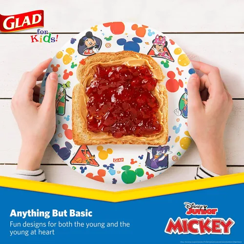 Vista 4 de Glad para Niños Platos de Papel Desechables de Disney Mickey y sus Amigos - Resistentes, A Prueba de Remojo, Aptos para Microondas, Platos