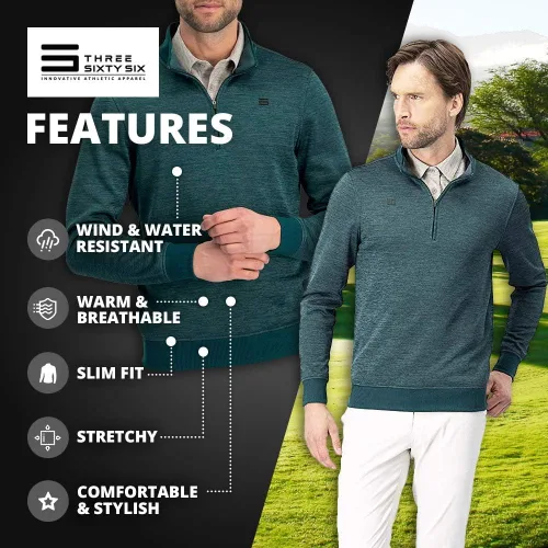 Vista 5 de Three Sixty Six Suéteres Dry Fit para hombre, chaqueta de golf de forro polar con cremallera de un cuarto, ajuste a medida