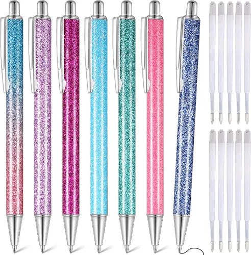 Vista 11 de Sherr 7 bolígrafos elegantes para mujer, lindos bolígrafos de purpurina brillantes con 10 recambios de tinta negra, bonitos regalos para niñas