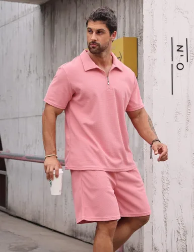 Vista 2 de Babioboa Conjunto de camisa polo y pantalones cortos de manga corta para hombre, conjunto de dos piezas, 3 bolsillos con cremallera, ropa deportiva