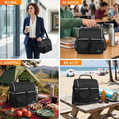 Vista 7 de Opux - Bolsa de almuerzo aislada de doble compartimento para hombres y mujeres Bolsa de almuerzo reutilizable con correa para el hombro, forro