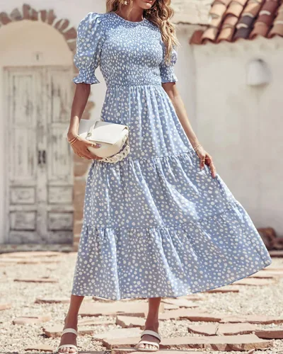 Vista 105 de BTFBM Vestidos para mujer, cuello redondo, casual, de verano, con volantes, manga corta, bohemio, con niveles, fruncido, largo, con estampado floral