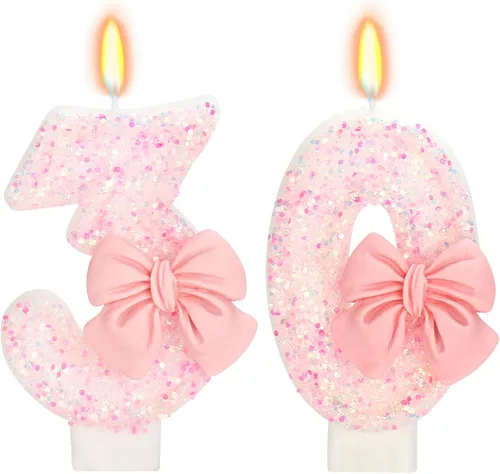 Vista 74 de Vela de cumpleaños para pastel, vela 0 - purpurina rosa con lazo, vela de feliz cumpleaños de 2.76 pulgadas, adorno superior de pastel para fiestas