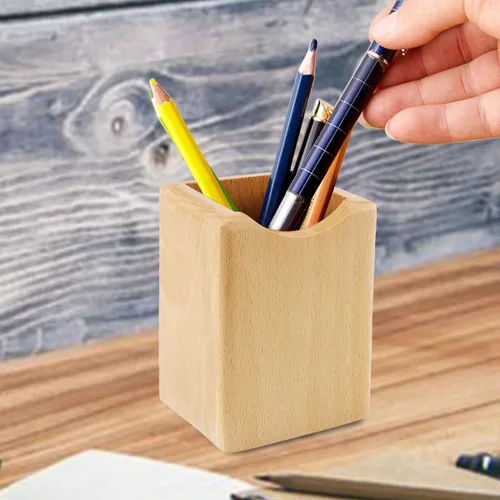 Vista 5 de Caja de bolígrafos de madera natural, organizador de papelería de escritorio, soporte creativo y simple de madera maciza para suministros de oficina