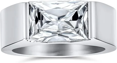 Vista 2 de Personalize Simple Geometric 4CTW - Anillo de compromiso rectangular de imitación de zafiro azul o circonita cúbica transparente, corte esmeralda