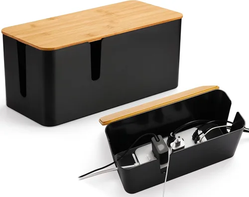 Vista 8 de ZhiYo Caja Organizadora de Cables con Tapa de Bambú, Caja de Gestión de Cables ABS Segura para TV y Computadora, Cubierta de Madera Ocultador