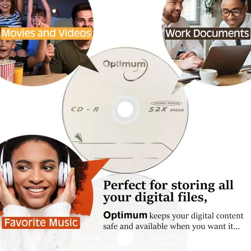 Vista 6 de OPTIMUM CD-R - Discos en blanco de 700 MB 52X para datos y música, paquete de 100 unidades 80 minutos grabables CD en blanco CDR Discos