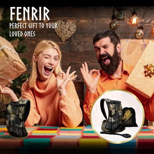 Vista 6 de FENRIR Cuerno vikingo para beber con taza de café y cuchara con plato Cuerno de buey auténtico nórdico Grado alimenticio medieval Bebidas