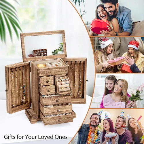 Vista 4 de Yoimori - Joyero para mujer, cajas de joyería y organizadores de madera rústica con espejo y cajones, organizador de joyería de 6 niveles