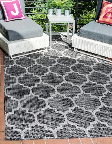 Vista 80 de Unique Loom Outdoor Trellis Collection Alfombra de Área (5' 1" x 8' Oval, Aguamarina/Gris)