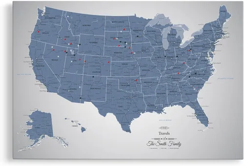 Vista 13 de Blue USA Map Poster with Pins – Cool Tone Personalized United States Travel Map Canvas – Large 24" x 36