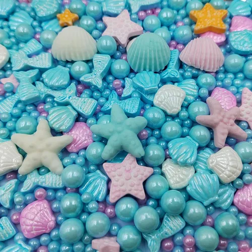 Vista 2 de Homankit Gránulos de dulces de sirena para hornear, postre, magdalenas, decoración de pasteles, estrella de mar, concha de mar, perla y sirena Azul
