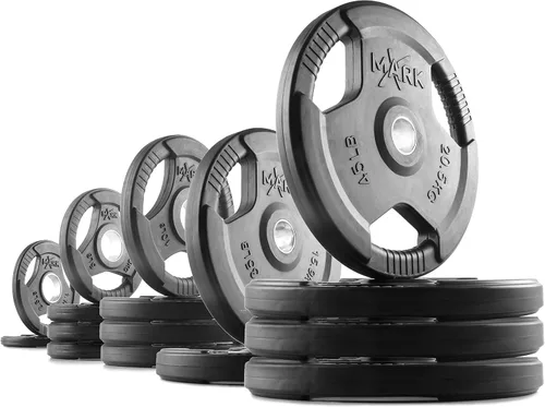 Vista 5 de XMARK TRI-GRIP - Par o juego de discos de peso olímpicos, pesas de ejercicio con revestimiento de goma para barra olímpica, juego de pesas de 01)