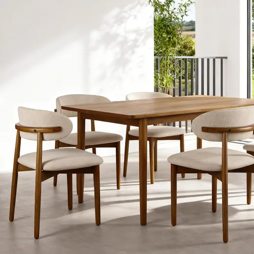 Vista 7 de Sillas de comedor tapizadas modernas, asiento de tela beige con patas de madera, sillas auxiliares de cocina contemporáneas, juego de 2