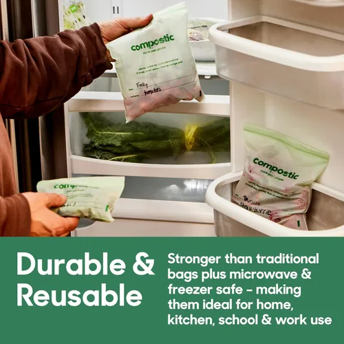 Vista 3 de Compostic Bolsas compostables de galón (60 unidades) Paquete de iniciación – Sellado con cremallera resellable, a base de plantas, compostables