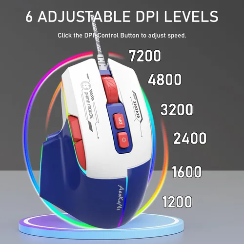 Vista 4 de Ratón para juegos con cable, mouse para juegos con retroiluminación RGB, 7200DPI ajustable, ratones para juegos de PC con 7 botones macro