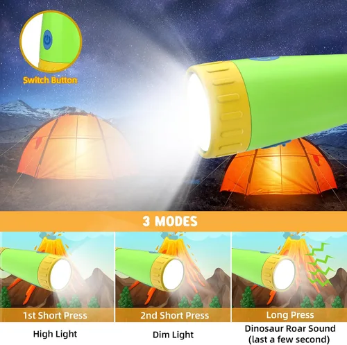 Vista 2 de Linterna recargable de dinosaurio con rugido para niños, linterna de campamento para niños, linterna de mano para niños, luces de Navidad