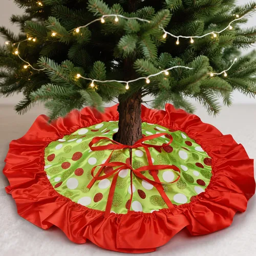 Vista 2 de Yuboo 24" Falda de árbol de Navidad de puntos rojos y verdes - Falda de árbol de mesa pequeña con volantes, tapete de árbol de Navidad mini