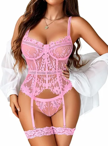 Vista 12 de Avidlove Lencería para mujer, corsé de encaje y bragas, conjuntos de lencería Negro