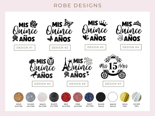 Vista 6 de Mis Quince Quinceañera - Bata de satén personalizada con nombre y fecha, diseño de purpurina con tiara, rosa, mariposa o símbolo de corona, bonita