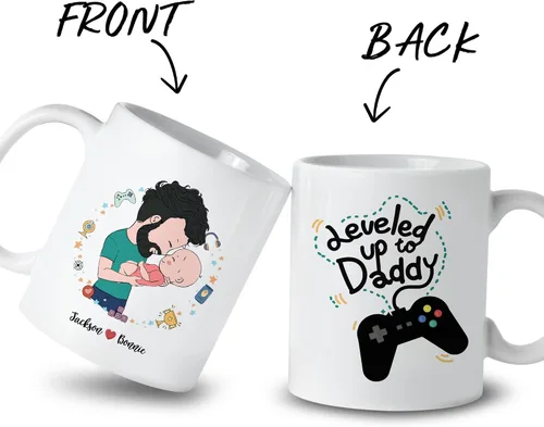 Vista 2 de Gossby Taza de café personalizada para el primer día del padre, Leveled Up to Daddy - Regalo personalizado para nuevo papá, regalo para papá por