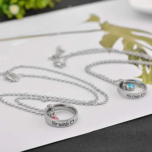 Vista 4 de MJartoria collares a juego para parejas, para él y ella, dijes de anillo grabados, con diamantes de imitación, regalo para novio y novia
