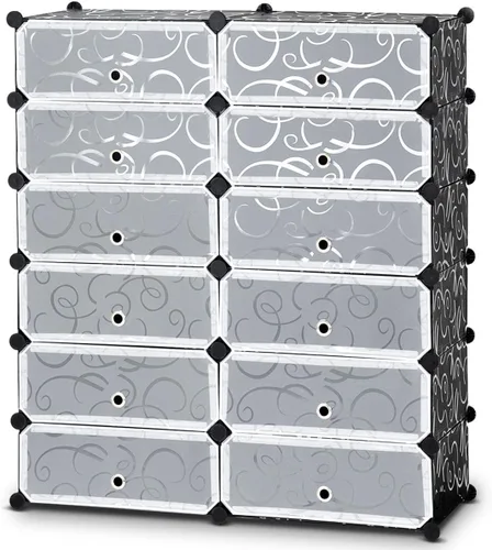 Vista 4 de HAPPYGRILL Organizador de zapatos, armario modular de plástico de 12 cubos con estantes de zapatos de 6 niveles y puertas transparentes, diseño