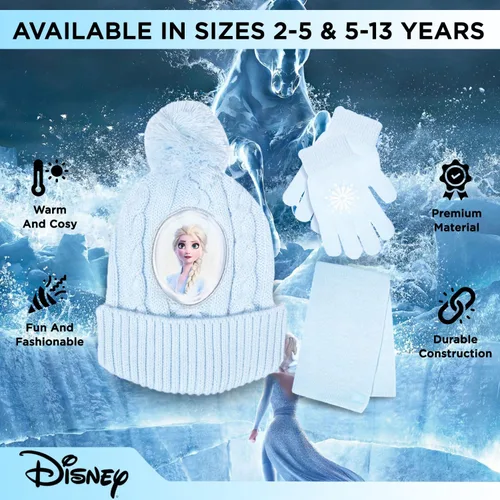 Vista 5 de Disney Frozen - Sombrero de invierno para niños, guantes de nieve y bufanda para niñas, juego de 3 piezas, felpa cálida comodidad al aire libre