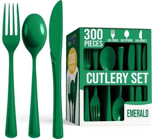 Vista 21 de Party Solids - Juego de cubiertos de plástico negro resistente de 300 piezas, cubiertos desechables negros resistentes, juegos de utensilios, 100