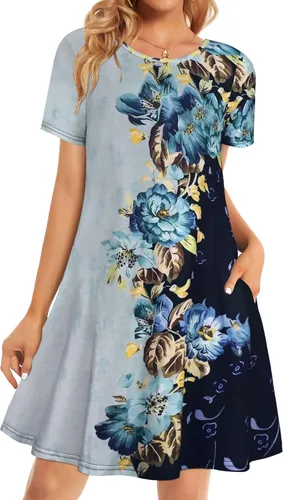 Vista 37 de Vestidos de verano para mujer, informales, holgados, estilo camiseta, florales, de manga corta, con vuelo y bolsillos, para la playa