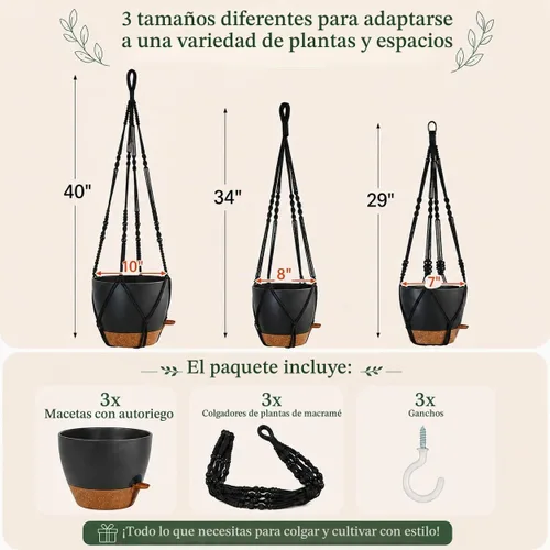 Vista 2 de Paquete de 3 macetas colgantes grandes para plantas de interior con Negro