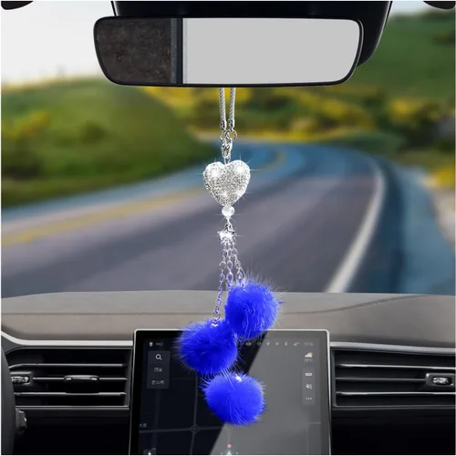 Vista 12 de Dickno Adorno Colgante Brillante para Coche, Divertido Pendiente de Corazón de Amor y Bola de Peluche Rosa para Espejo Retrovisor para Mujeres