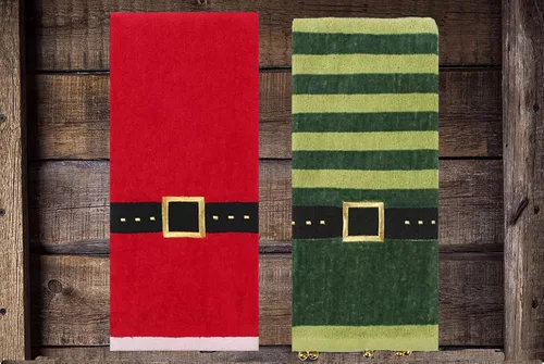 Vista 2 de Toallas de mano de baño, juego de 2, con Papá Noel rojo y elfo verde, diseño decorativo, 25 x 16 pulgadas, decoración de baño para las vacaciones