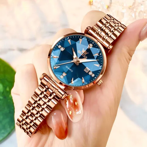Vista 4 de OLEVS Relojes de mujer Vestido simple Reloj de mujer Reloj de acero inoxidable de oro rosa Reloj impermeable de cuarzo con fecha de lujo