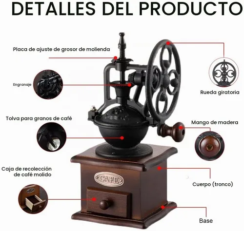 Vista 3 de Molinillo de café de fresas, Molinillo manual de madera de estilo vintage, Molino de café clásico de prensa francesa con cepillo Manivela
