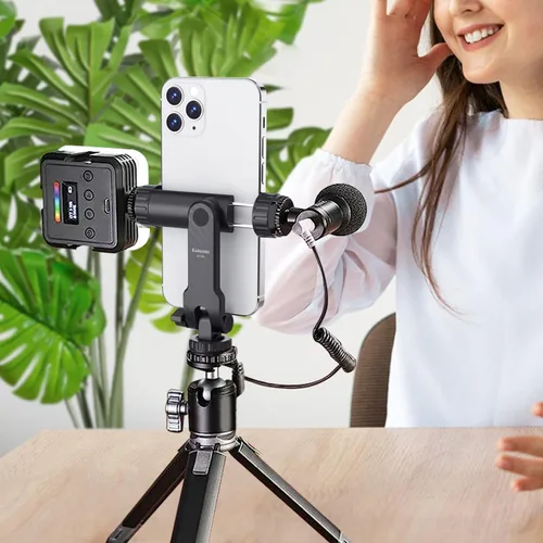 Vista 7 de Kaitezenz Soporte de trípode para teléfono celular, soporte universal para teléfono con 2 zapatos fríos, gira 360° inclina 180° para cámara, zapata
