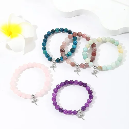 Vista 5 de Regalos para mujeres, pulseras de libélula, colibrí, mariquita, perezoso, 0.315 pulgadas, piedra natural, curativa, pulseras de relajación