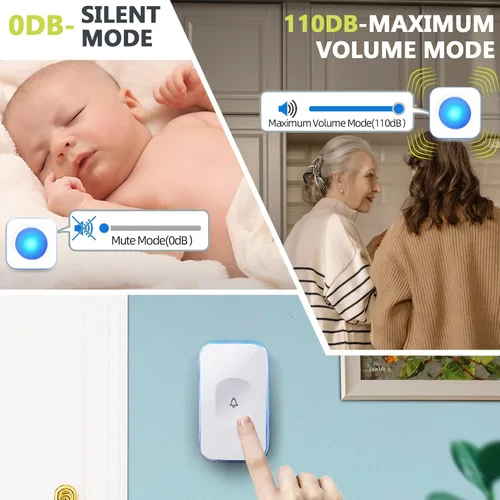 Vista 3 de Timbre inalámbrico enchufable FUHONGRUI de 1200 pies, timbre inalámbrico con batería, botón de timbre con luz intermitente, 36 melodías, 4 niveles