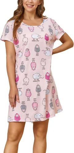 Vista 3 de Inadays Camisón de algodón para mujer, ropa de dormir de manga corta, camisón casual con estampado, vestido de dormir holgado y cómodo pijama