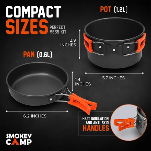 Vista 4 de Smokey Camp Camping Cookware Mess Kit Set with Stove - Backpacking Camping Pots and Pans Set, All in One Non-Stick Camping Cooking Set, Portable