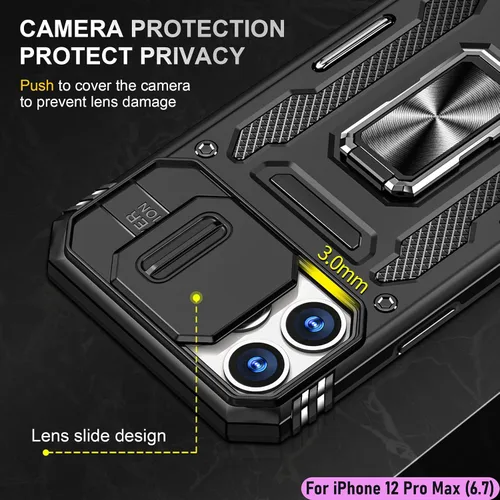 Vista 4 de Funda resistente para Apple iPhone 12 Pro Max, protector híbrido de goma de doble capa de grado militar con protector de cámara deslizante, soporte