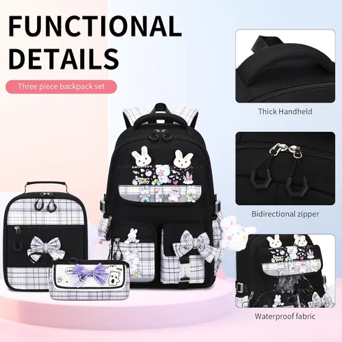 Vista 3 de CYOQX Mochila escolar para niñas, 3 piezas, con lonchera, juego de mochila para adolescentes y niñas, linda mochila escolar para niños y niñas