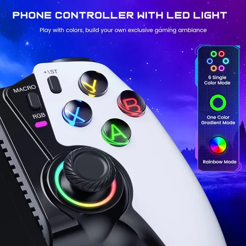 Vista 7 de Controlador de teléfono inalámbrico para iPhone/Android/Switch 1/2/OLED/iPad Mini con Hall Joystick, controlador de juegos móvil LED para iOS