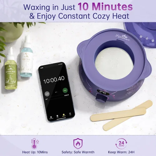 Vista 2 de Lifestance Kit de depilación para mujeres y hombres - Calentador digital L3 Amethyst Trace, forro de silicona para recipiente de cera, depilación